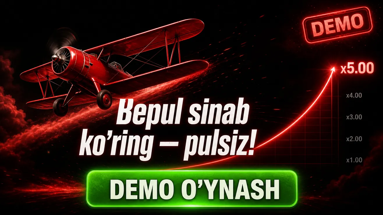 Aviator demo rejimi — ro'yxatdan o'tmasdan bepul o'ynash ekrani